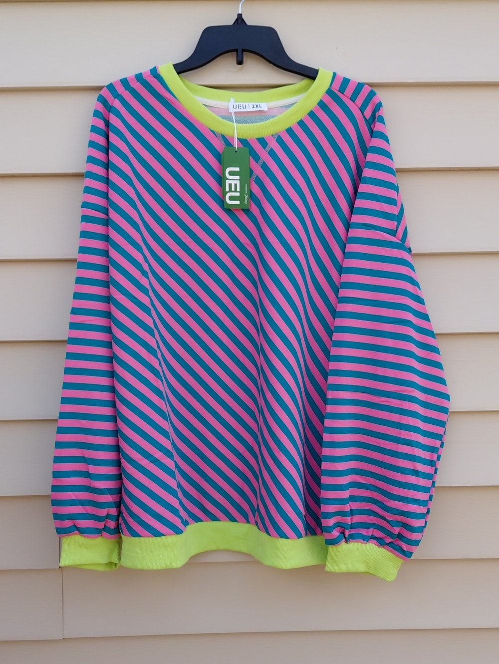 UEU Women's Pink   and Green Striped Oversized Long Sleeve Pullover Size 2XL